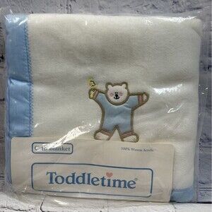 Vintage Crib Baby Blanket White Blue Trim Teddy Bear Woven Acrylic 36x45 NOS